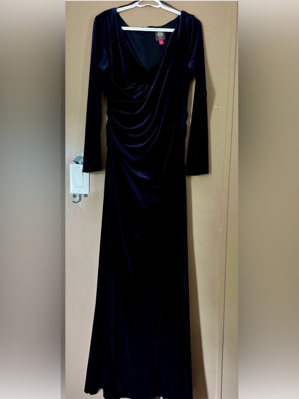 Vince Camuto Long Sleeve Velvet Gown in Burgundy